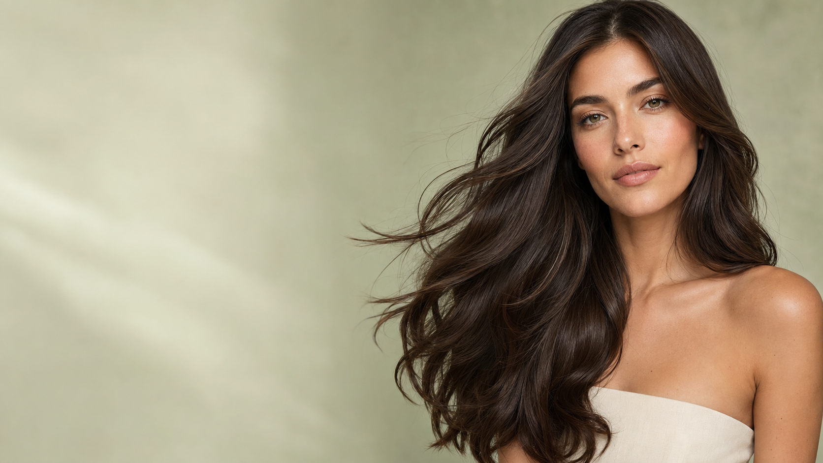 Model with long, healthy, glossy brunette hair in a warm editorial setting
